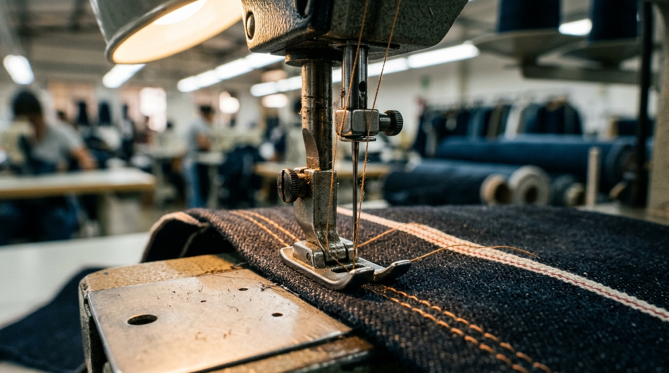 Costura industrial reforzada en tejido denim stretch