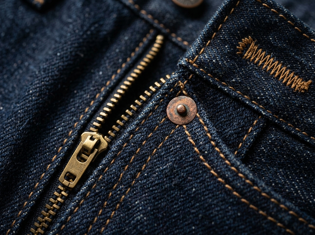 Macro de sarga diagonal en denim rígido 14oz con costura cobre