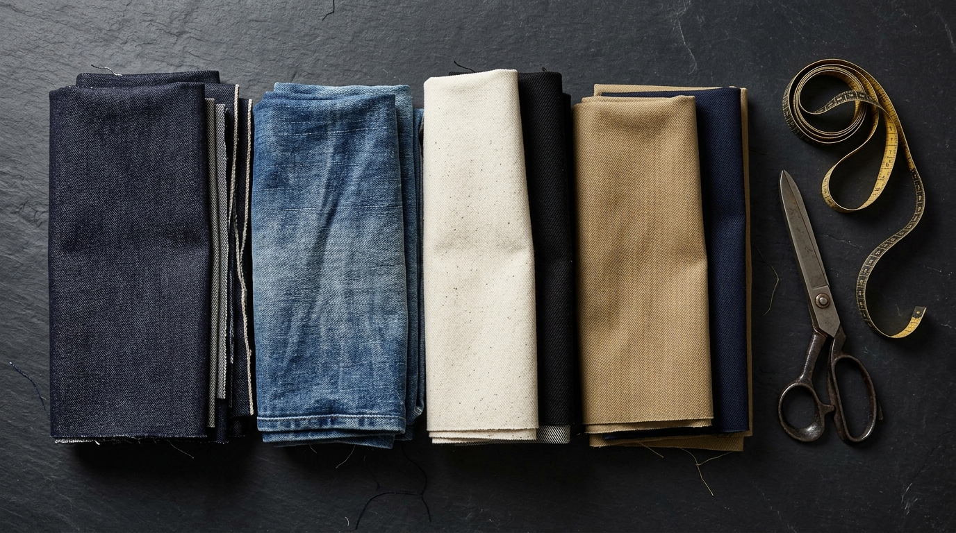 Muestrario de los 4 tejidos denim, bull denim y drill con cinta métrica y tijeras