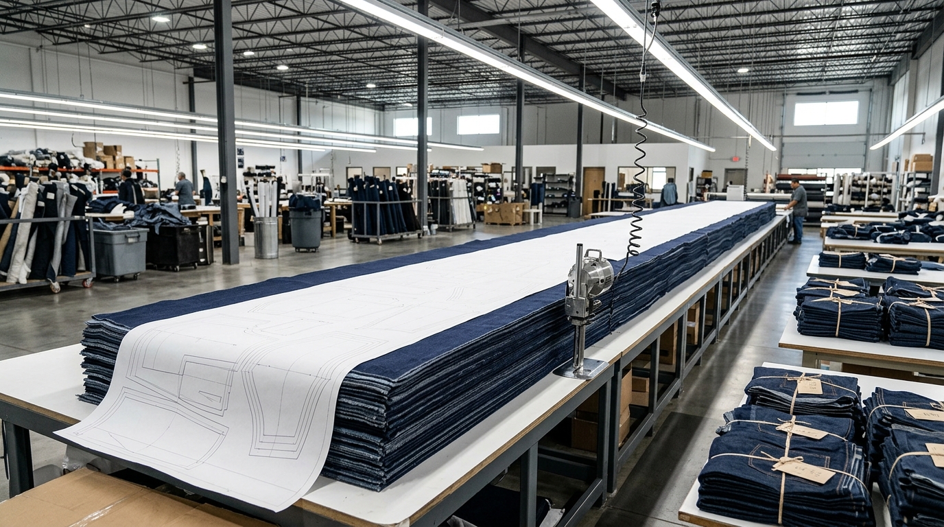 Sala de corte industrial con tendido de 50 capas y tizado digital CAD