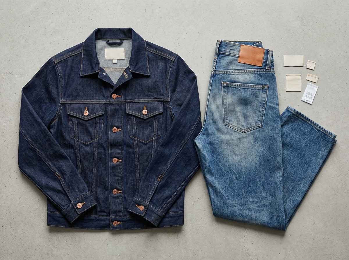 Casaca trucker denim 14oz y jean terminado paquete completo con etiquetas